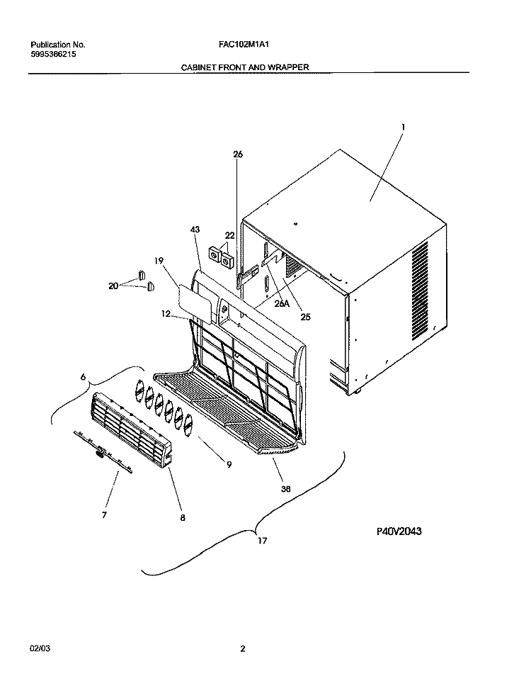 CABINET FRONT AND WRAPPER Diagram and Parts List for FAC102M1A1  Frigidaire Air Conditioner