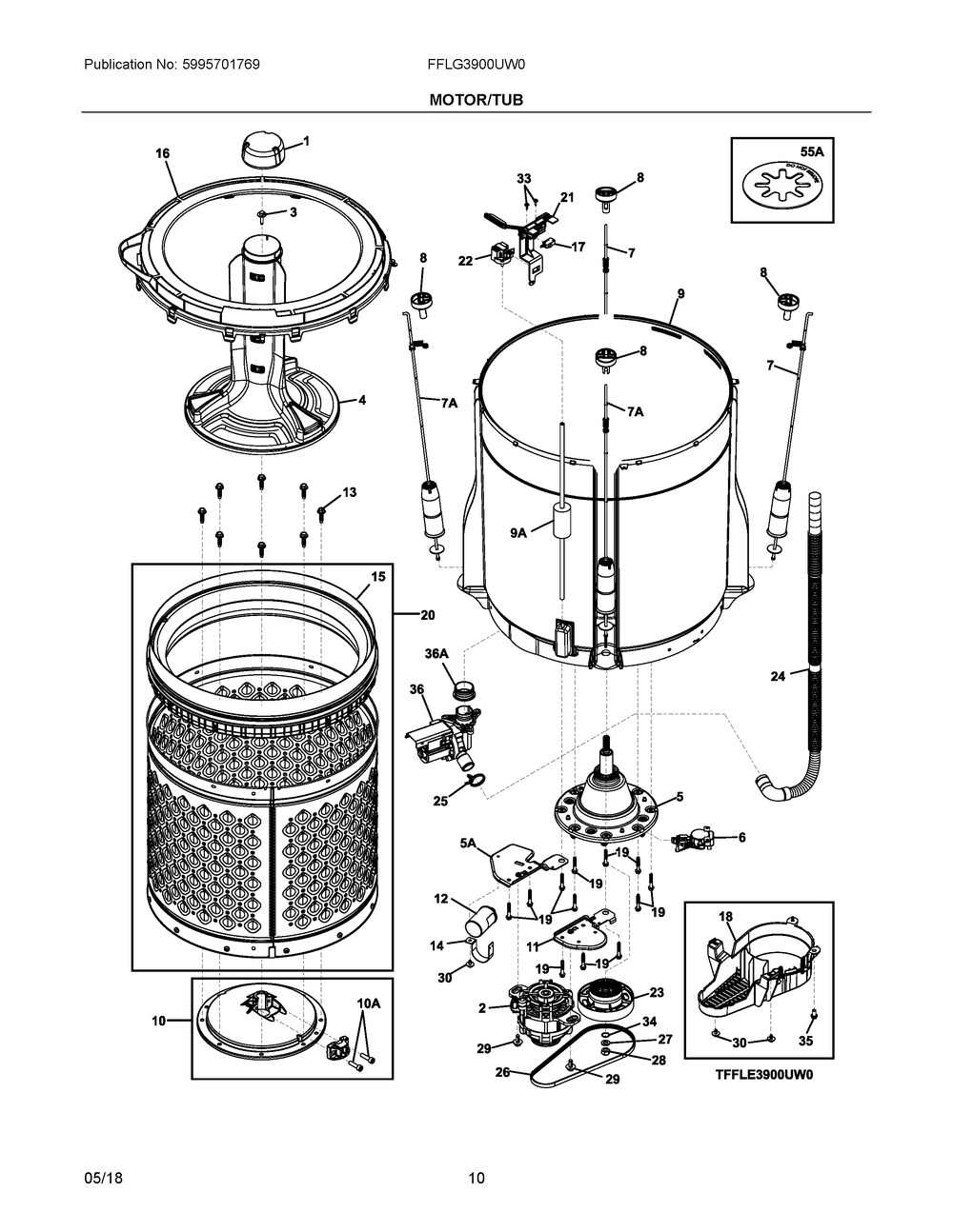 Motor/tub Diagram and Parts List for FFLG3900UW0  Frigidaire Washer Dryer Combo