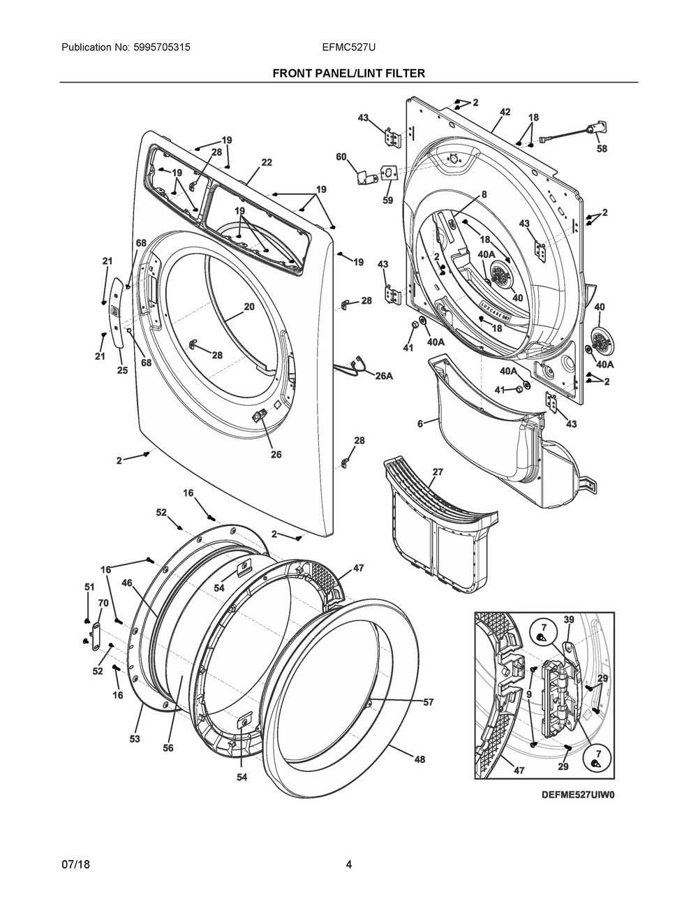 Front Panel/lint Filter Diagram and Parts List for EFMC527UTT0  Frigidaire Dryer