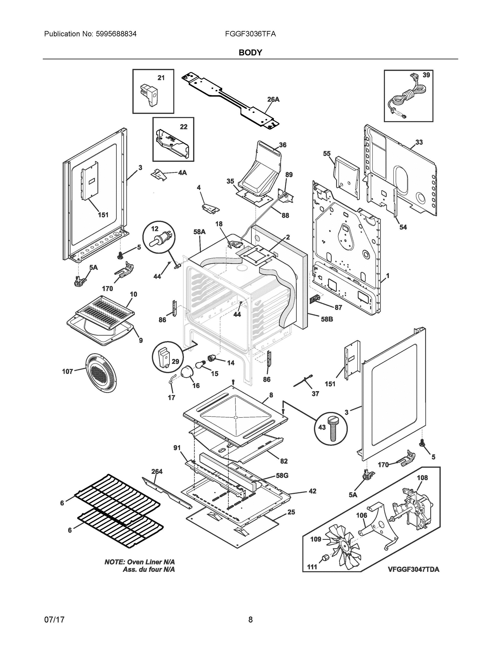 04 - BODY Diagram and Parts List for FGGF3036TFA  Frigidaire Range