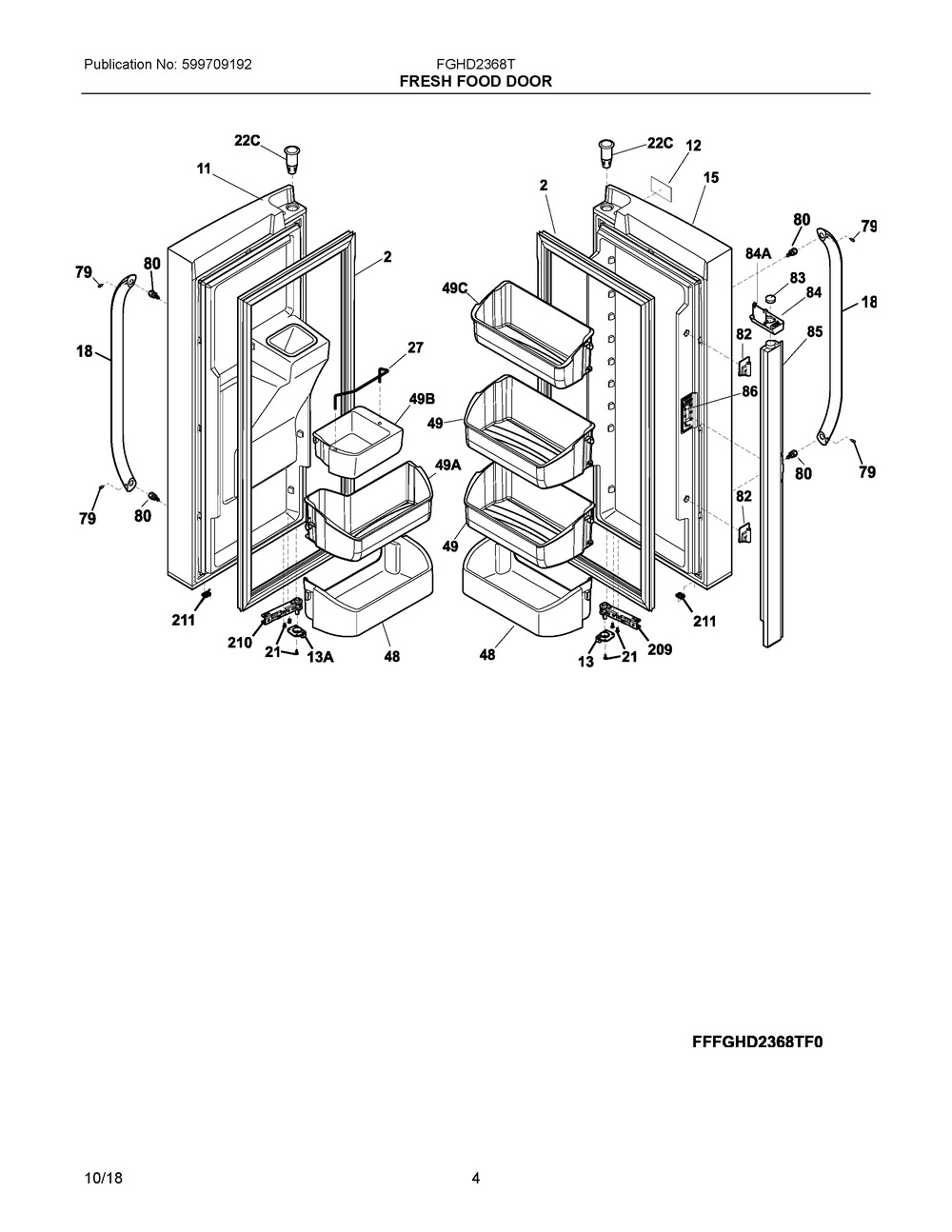 Fresh Food Door Diagram and Parts List for FGHD2368TF4  Frigidaire Refrigerator
