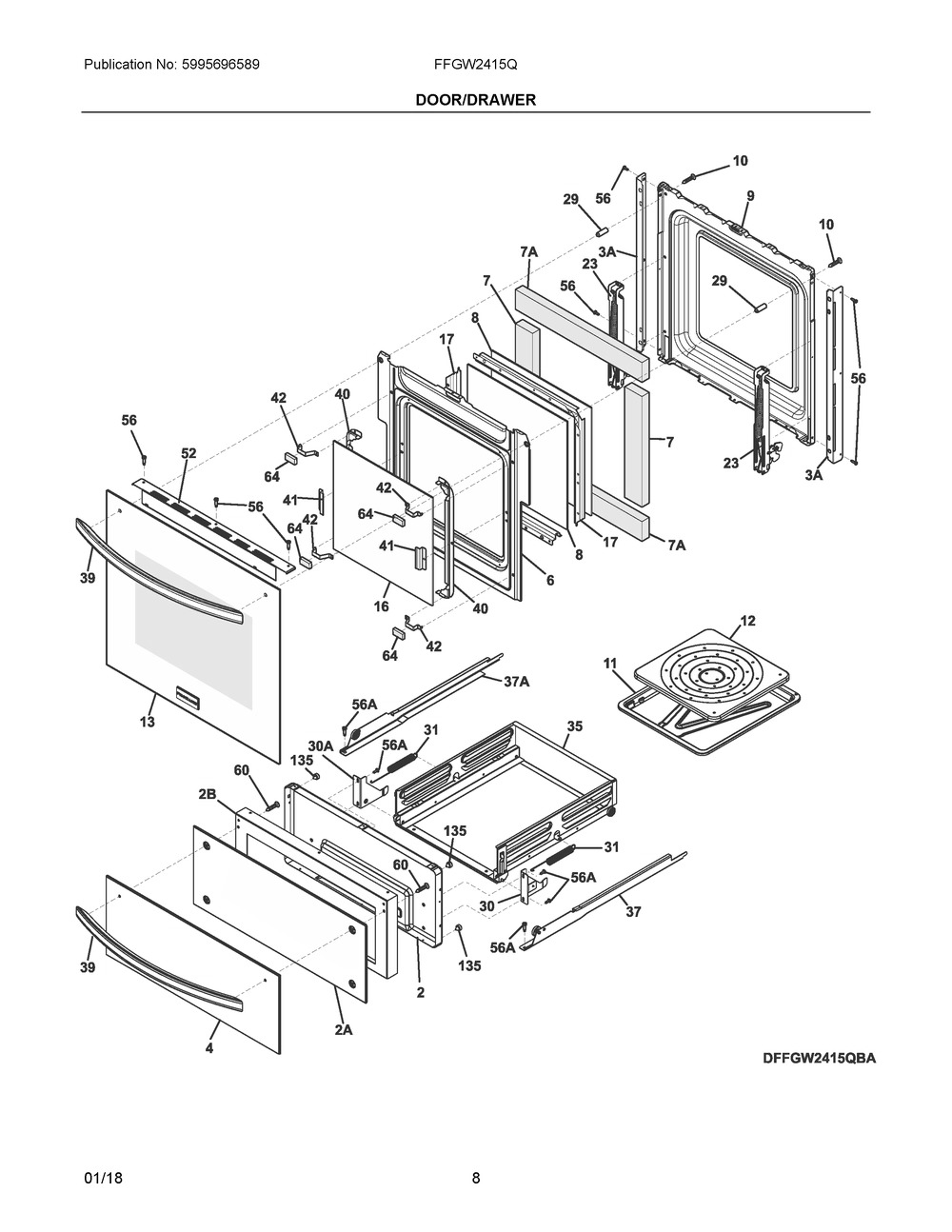 Door/drawer Diagram and Parts List for FFGW2415QBC  Frigidaire Wall Oven