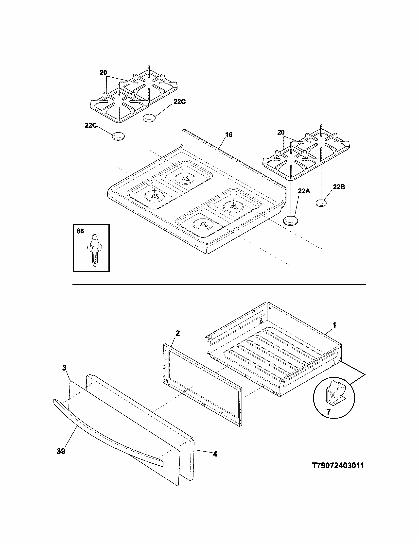Top/drawer Diagram and Parts List for 79074033311  Kenmore Range