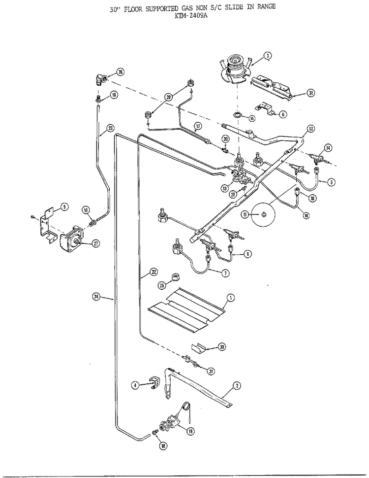 30" Floor/burner Diagram and Parts List for 2409A  Frigidaire Range