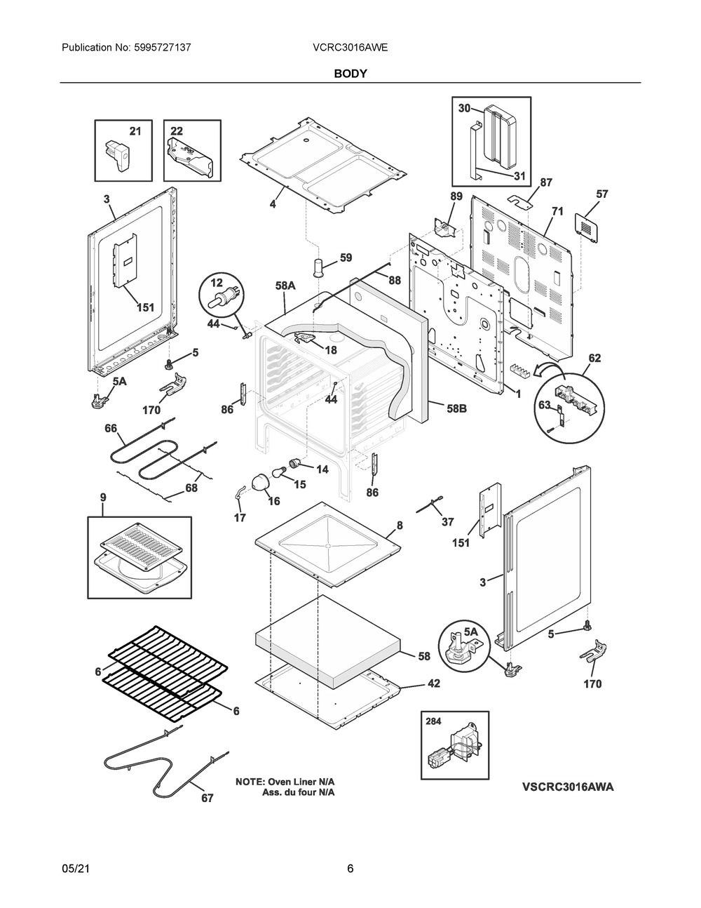 Body Diagram and Parts List for VCRC3016AWE  Frigidaire Range
