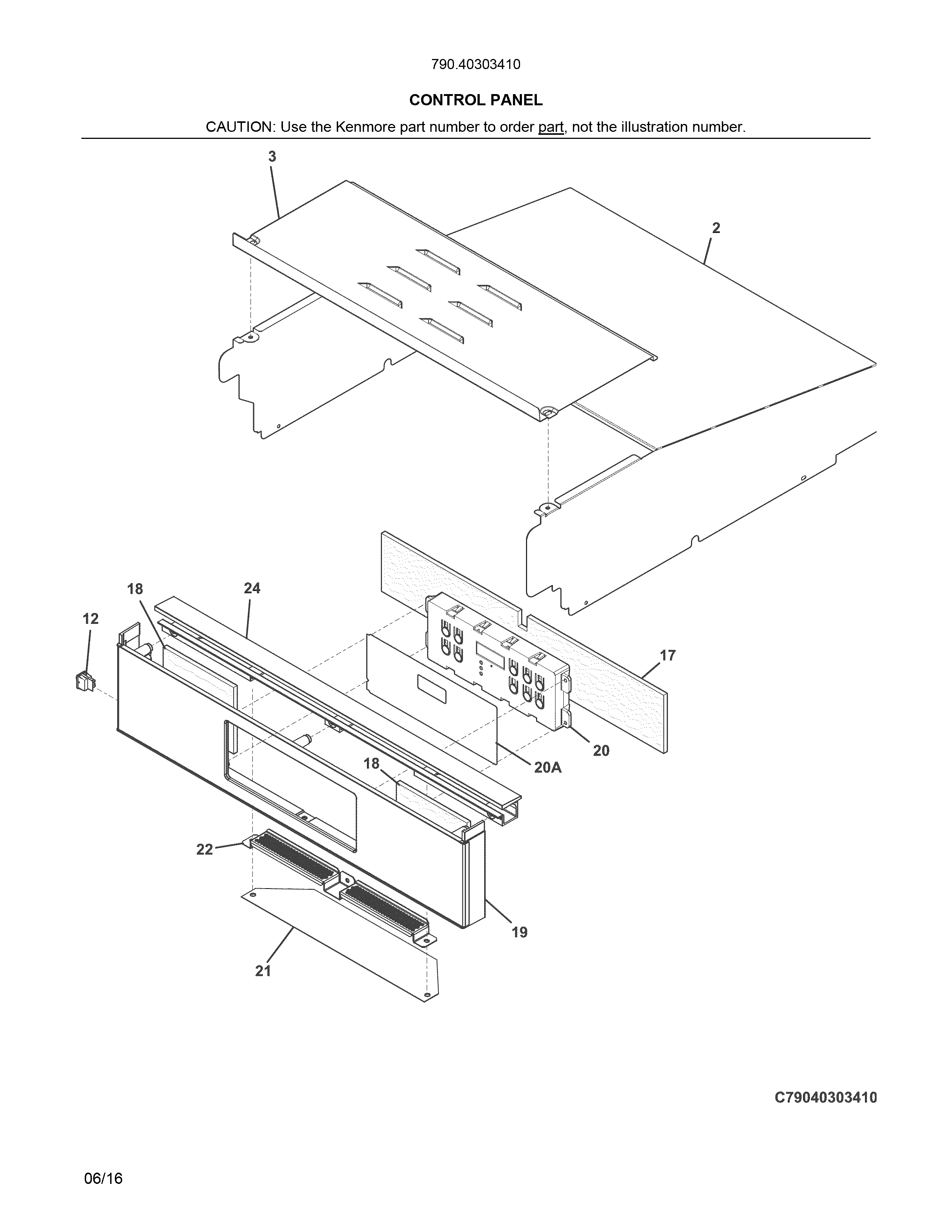Control Panel Diagram and Parts List for 79040303410  Kenmore Wall Oven