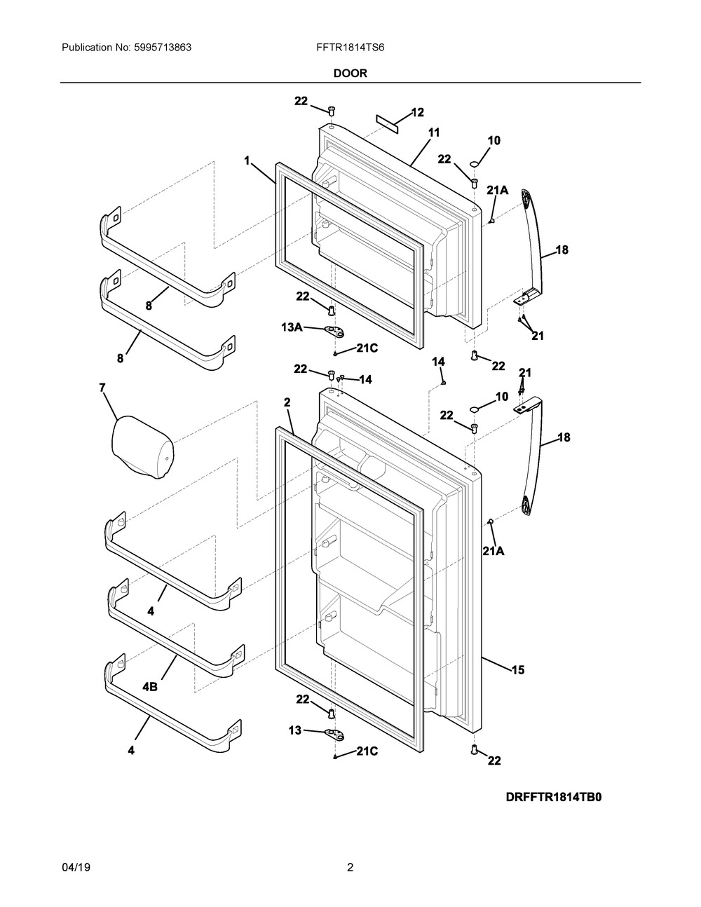 Door Diagram and Parts List for FFTR1814TS6  Frigidaire Refrigerator