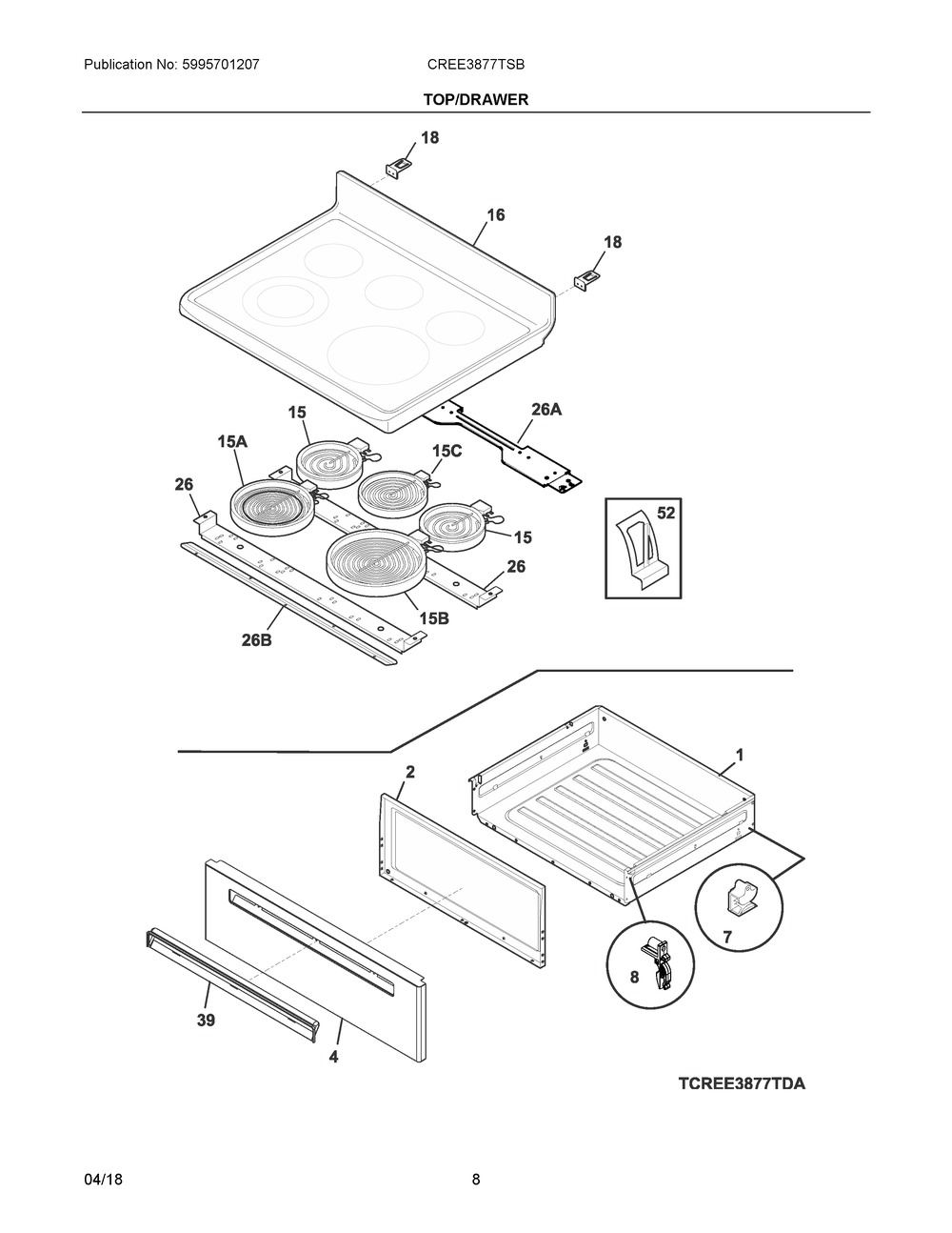 Top/drawer Diagram and Parts List for CREE3877TSB  Frigidaire Range