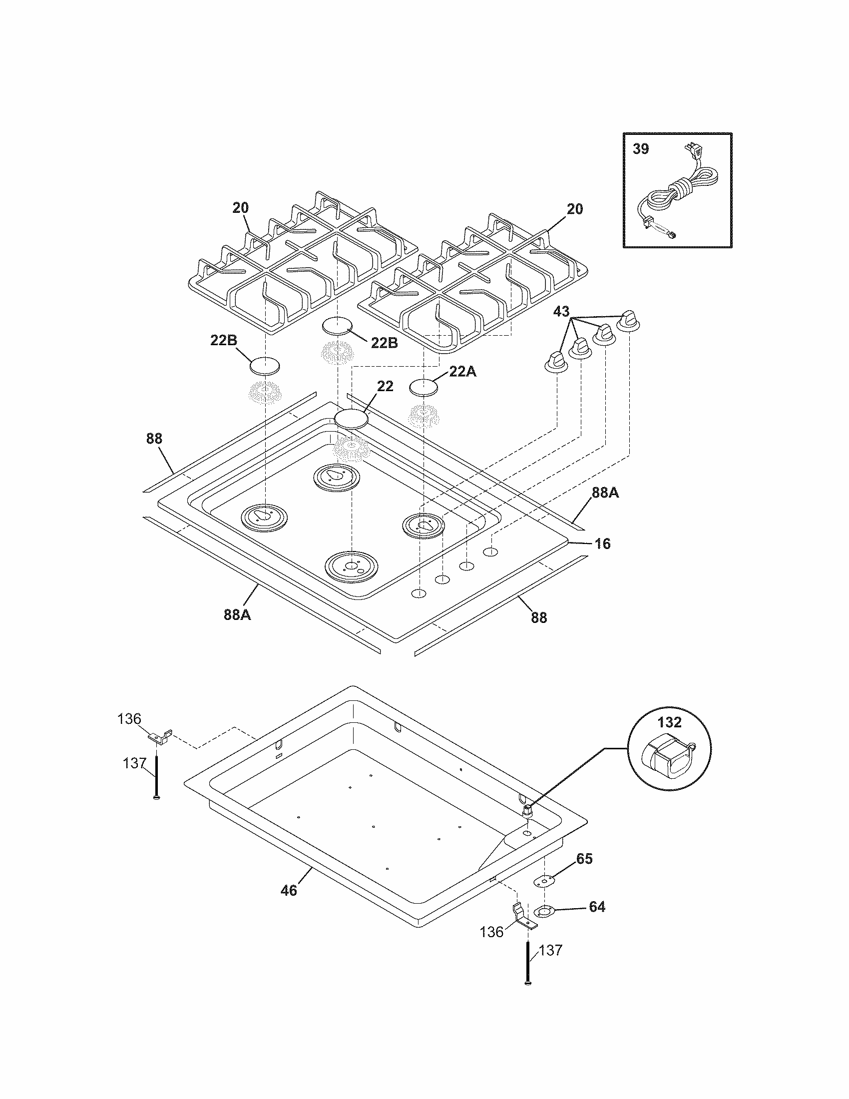 Maintop Diagram and Parts List for 79032234401  Kenmore Cooktop