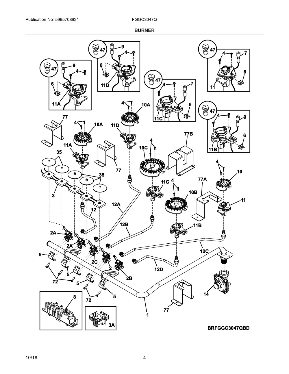Burner Diagram and Parts List for FGGC3047QWD  Frigidaire Cooktop