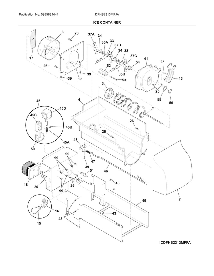 Ice Container Diagram and Parts List for DFHS2313MFJA  Frigidaire Refrigerator