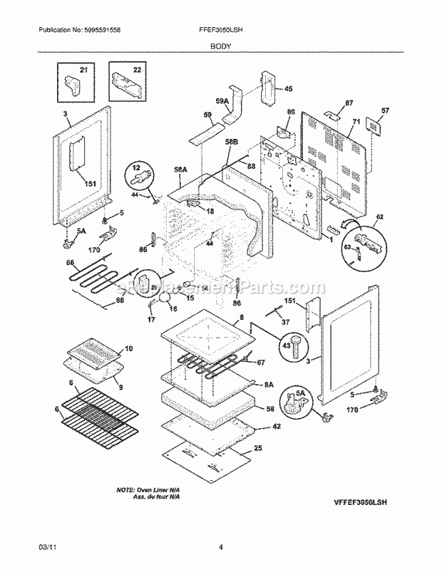 Body Diagram and Parts List for FFEF3050LSH  Frigidaire Range