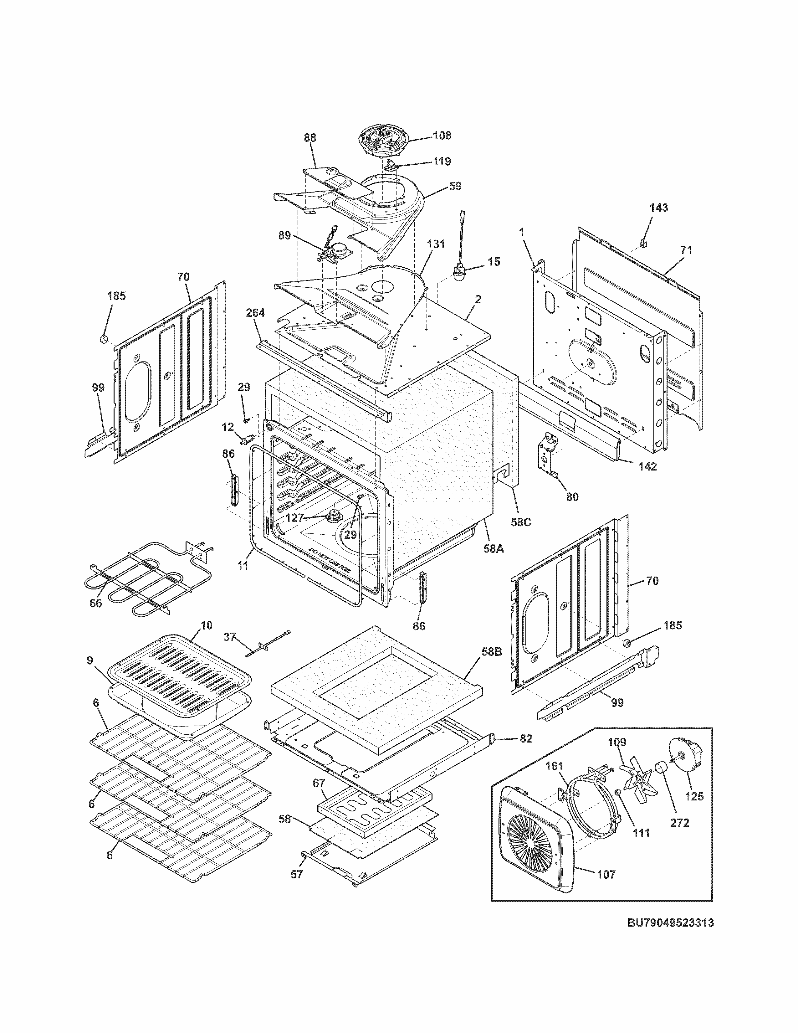 Upper Oven Diagram and Parts List for 79049523313  Kenmore Wall Oven