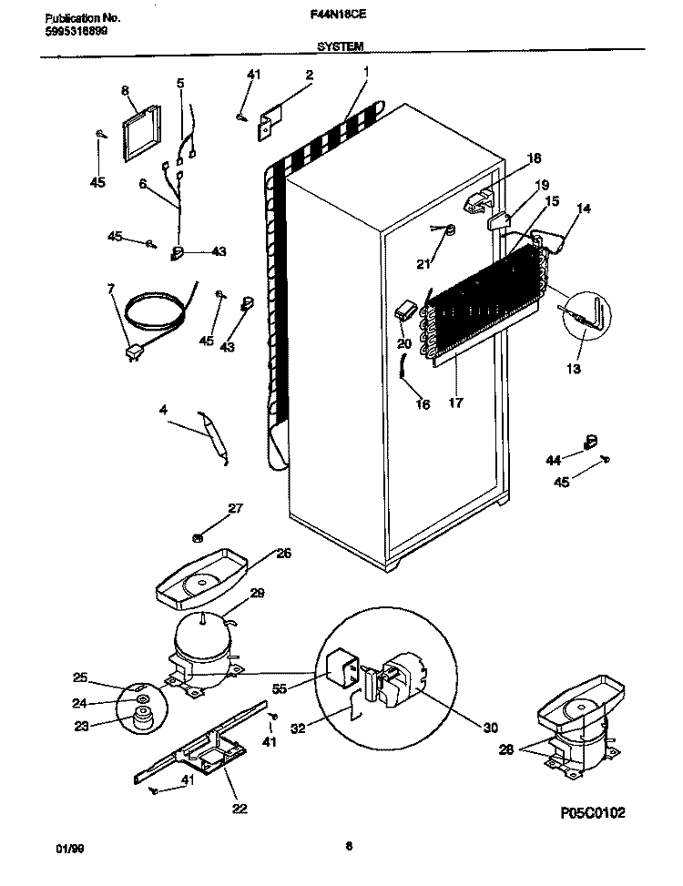 SYSTEM Diagram and Parts List for F44N18CED7  Frigidaire Refrigerator