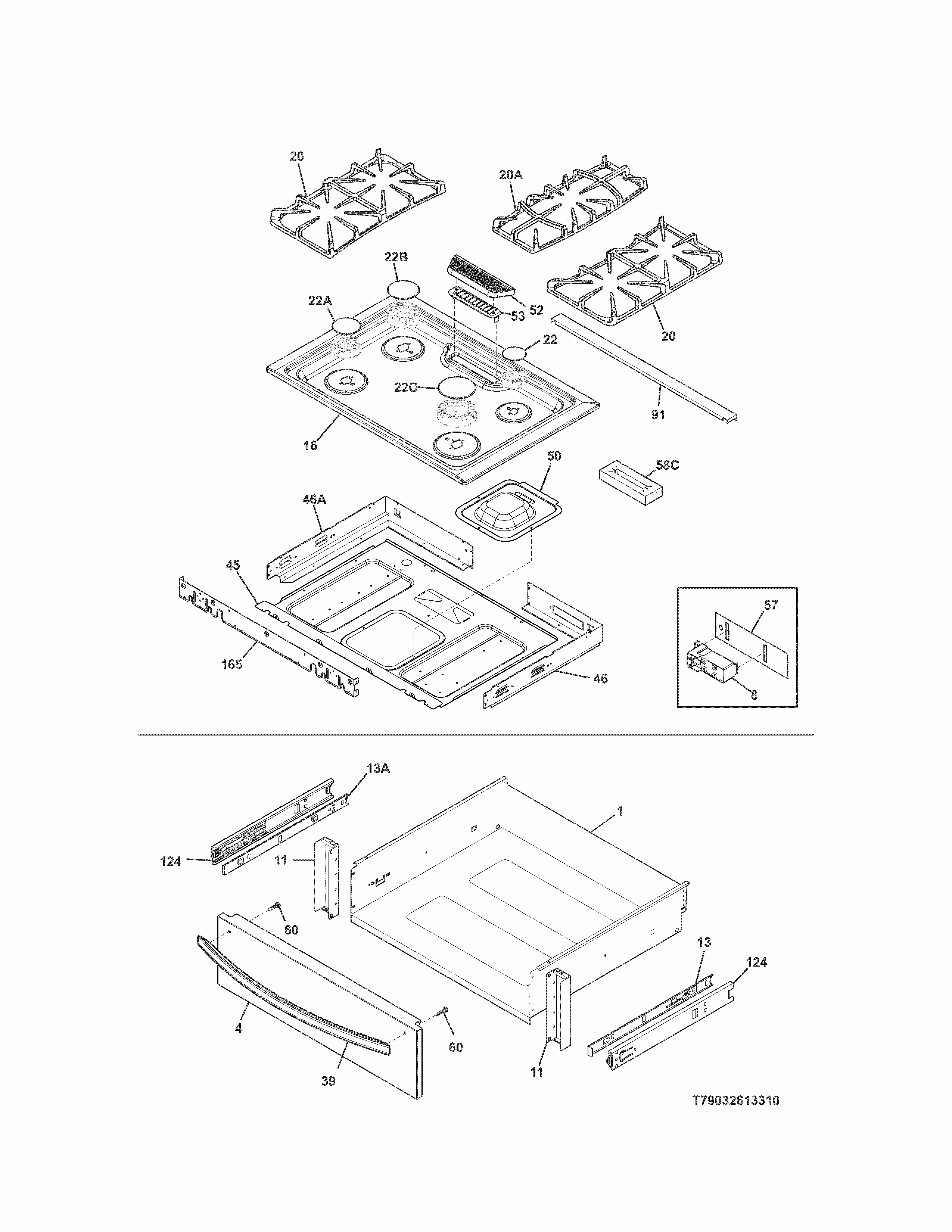 Top/drawer Diagram and Parts List for 79032613316  Kenmore Range