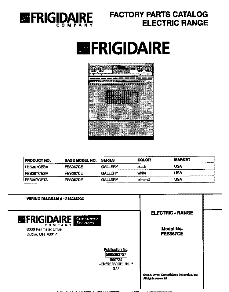 COVER Diagram and Parts List for FES367CETA  Frigidaire Range