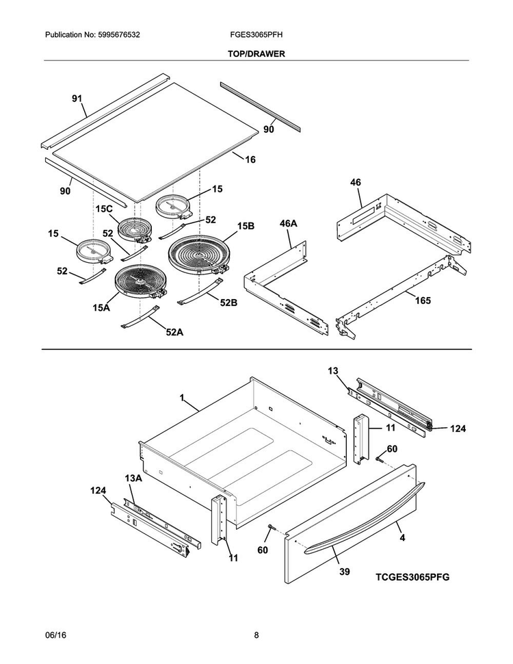 Top/drawer Diagram and Parts List for FGES3065PFH  Frigidaire Range