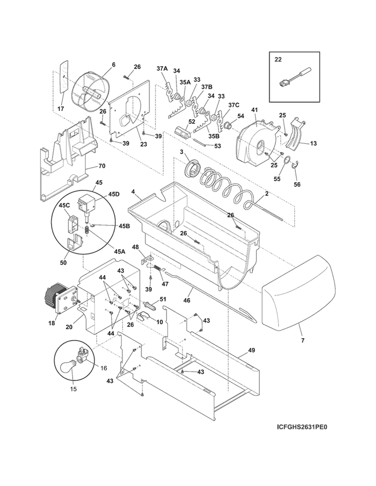 Ice Container Diagram and Parts List for FGHC2331PF8  Frigidaire Refrigerator