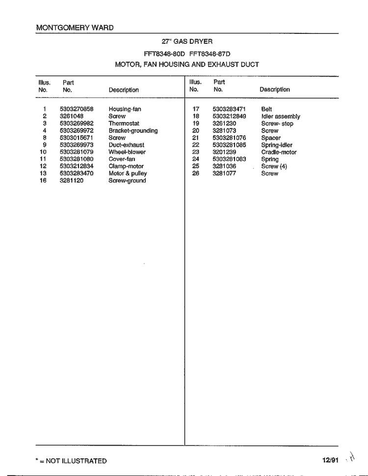 Motor, Fan Housing And Exhaust Duct Page 2 Diagram and Parts List for 8248-87D  Frigidaire Dryer