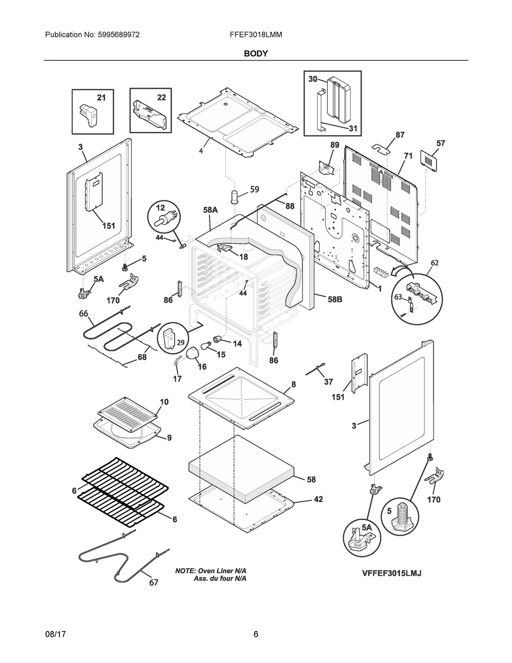 Body Diagram and Parts List for FFEF3018LMM  Frigidaire Range