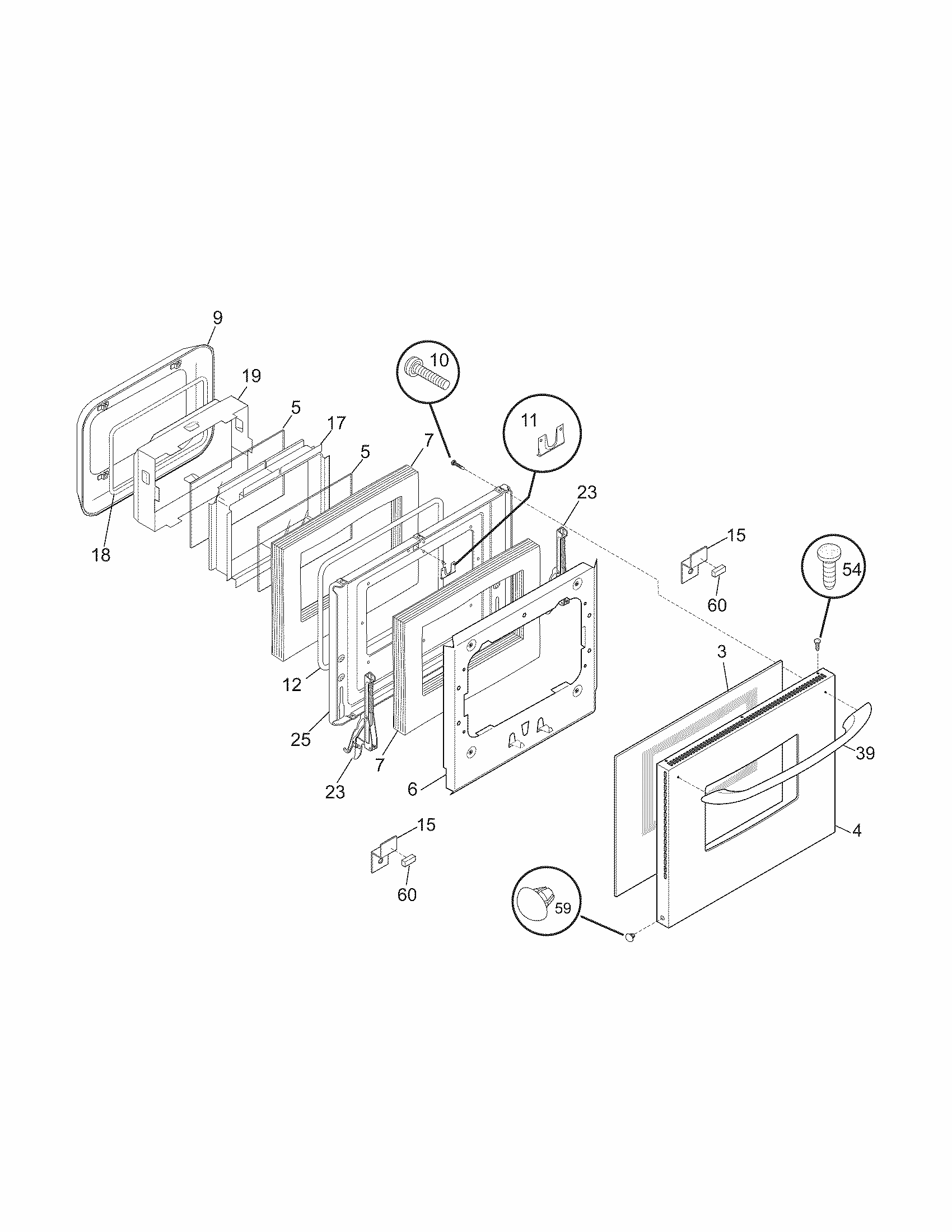 Door Diagram and Parts List for 79040453801  Kenmore Wall Oven