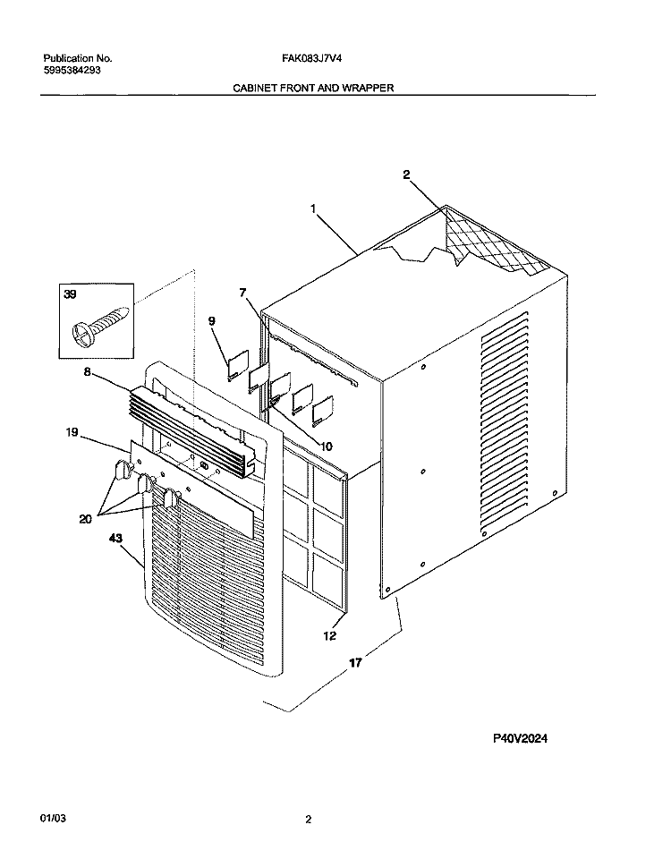 CABINET FRONT AND WRAPPER Diagram and Parts List for FAK083J7V4  Frigidaire Air Conditioner