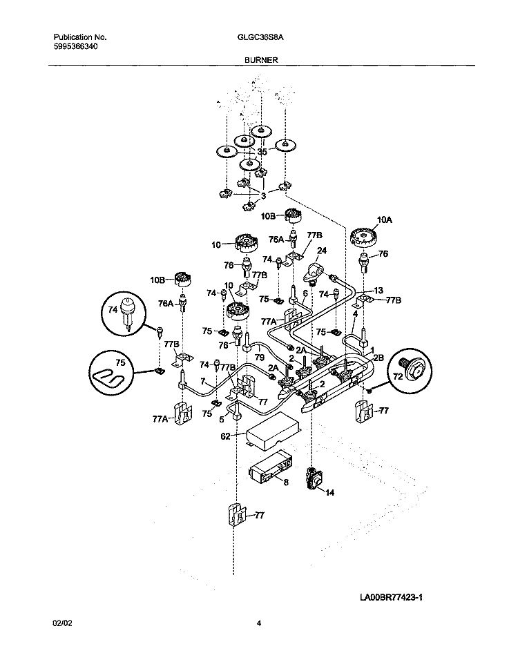 BURNER Diagram and Parts List for GLGC36S8AQB  Frigidaire Cooktop