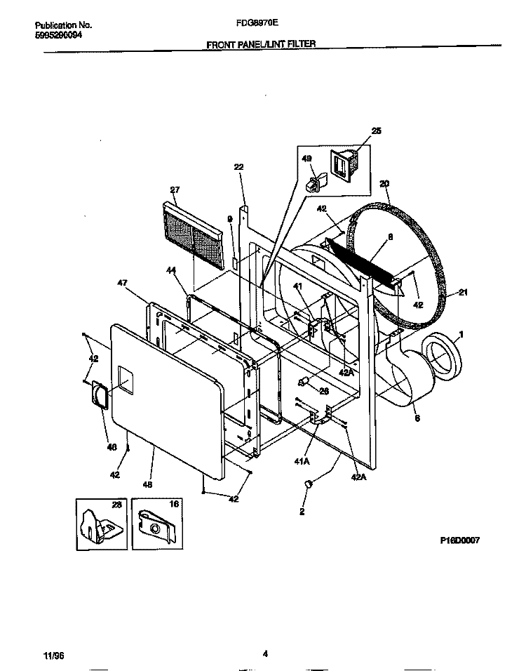 FRONT PANEL / LINT FILTER Diagram and Parts List for FDG8970EW0  Frigidaire Dryer