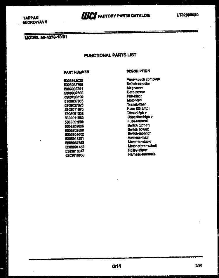DOOR PARTS Diagram and Parts List for 30DPMCWAN5  Tappan Range