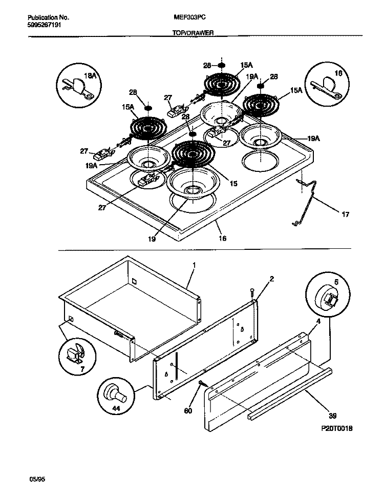 TOP / DRAWER Diagram and Parts List for MEF303PCWB  Tappan Range