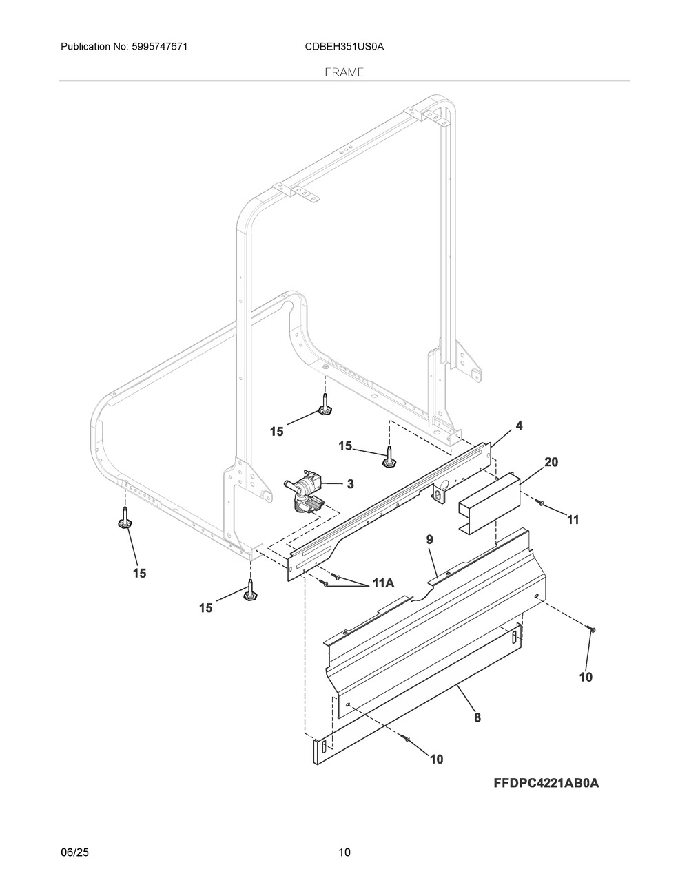 Frame Diagram and Parts List for CDBEH351US0A  Frigidaire Dishwasher