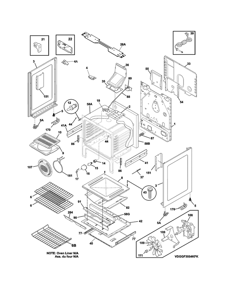 Body Diagram and Parts List for DGGF3054KFT  Frigidaire Range