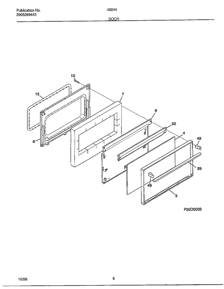 Door Diagram and Parts List for 480447E  Frigidaire Range