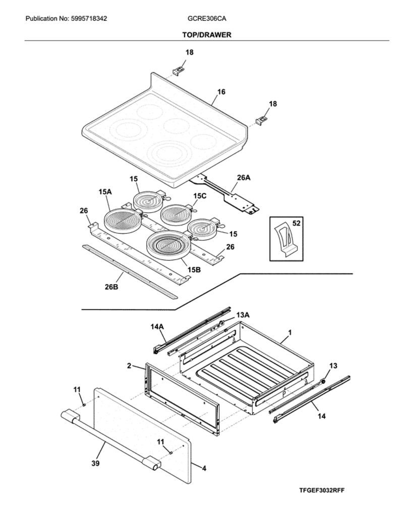 Top/Drawer Diagram and Parts List for GCRE306CAFA  Frigidaire Range