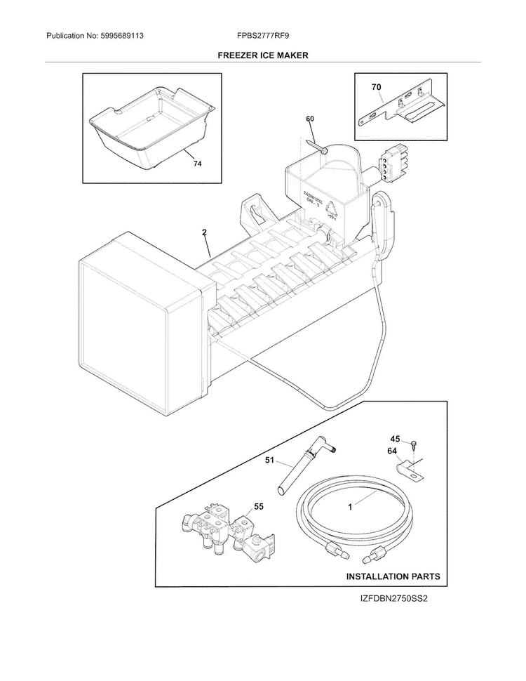 Freezer Ice Maker Diagram and Parts List for FPBS2777RF9  Frigidaire Refrigerator