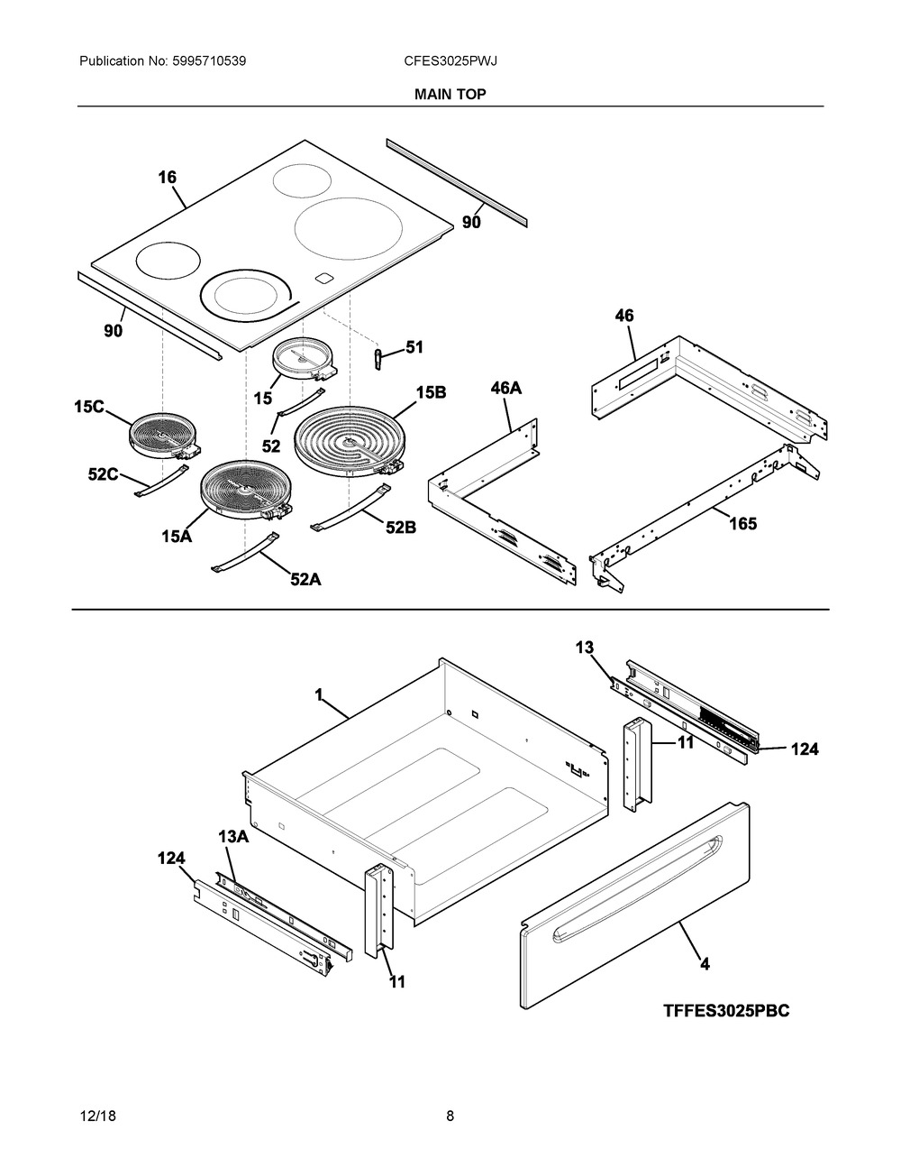 Main Top Diagram and Parts List for CFES3025PWJ  Frigidaire Range