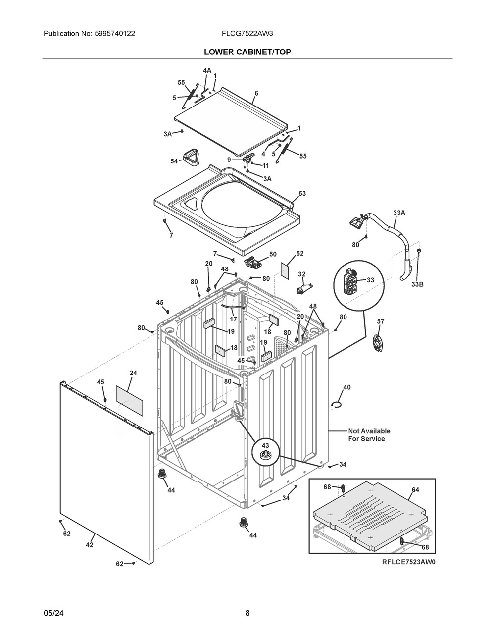 Lower Cabinet/Top Diagram and Parts List for FLCG7522AW3  Frigidaire Washer Dryer Combo