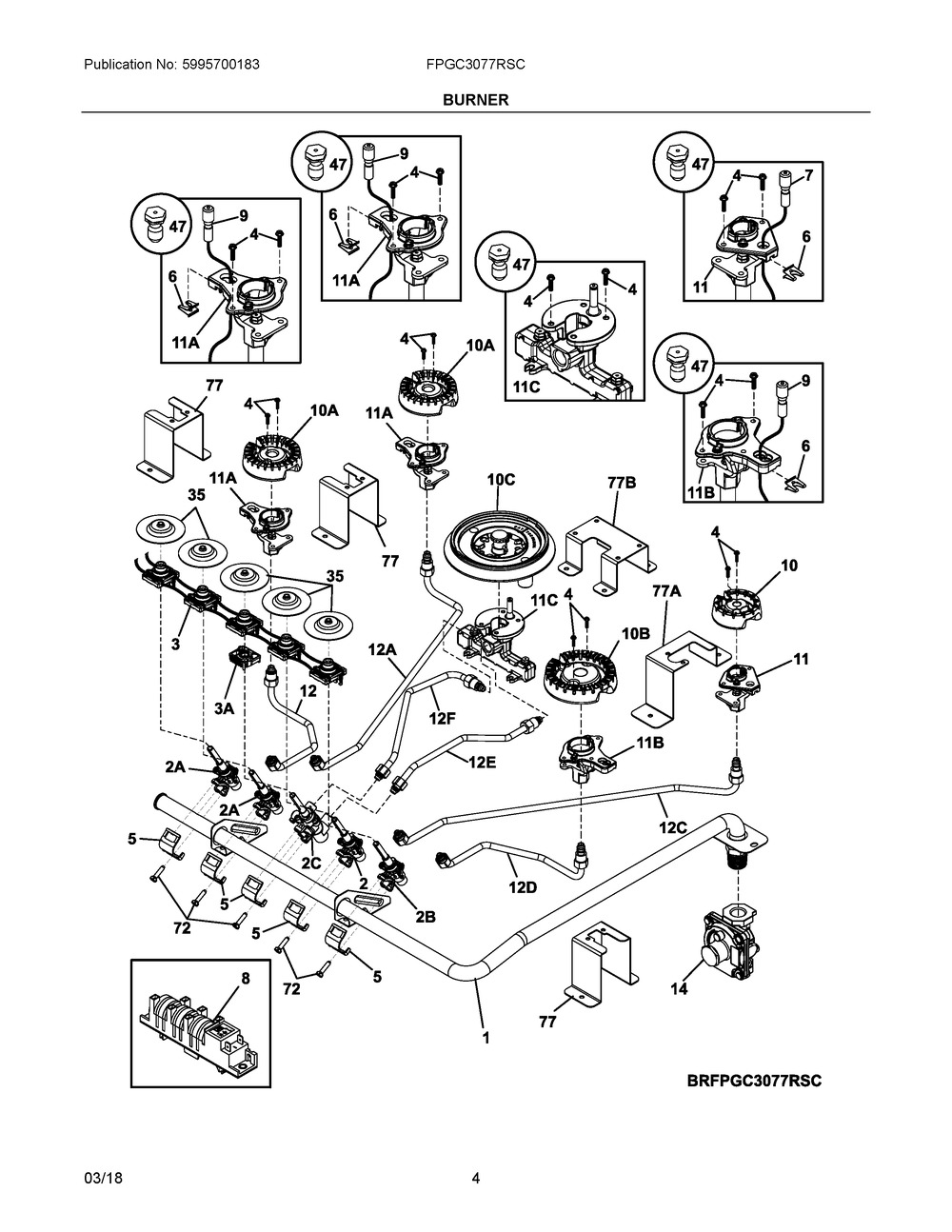 Burner Diagram and Parts List for FPGC3077RSC  Frigidaire Cooktop