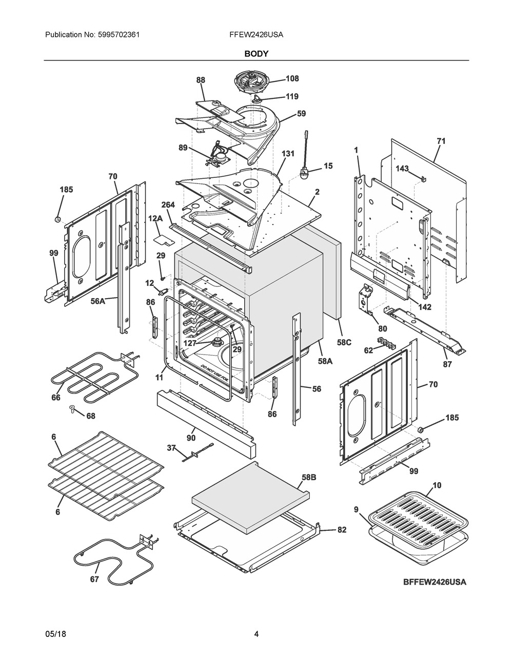 Body Diagram and Parts List for FFEW2426USA  Frigidaire Wall Oven