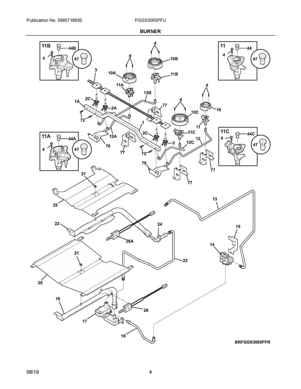 Burner Diagram and Parts List for FGGS3065PFU  Frigidaire Range