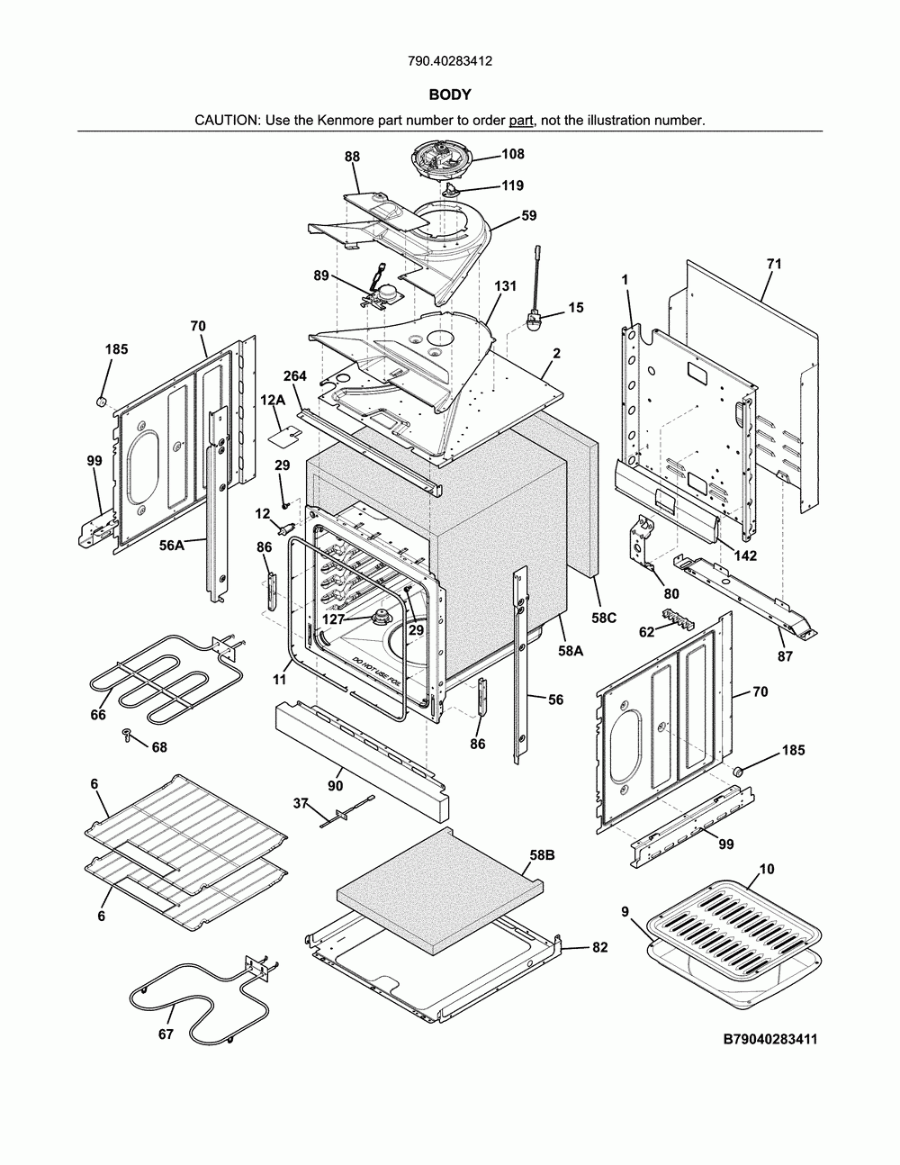 Body Diagram and Parts List for 79040283412  Kenmore Wall Oven