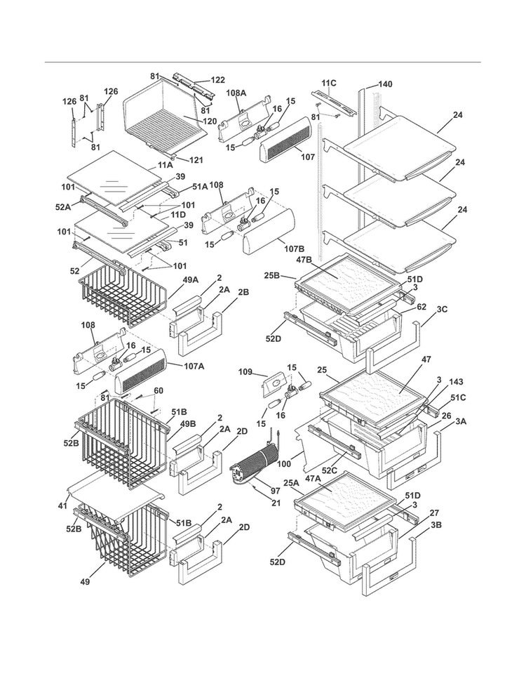 Shelves Diagram and Parts List for EI26SS30JS3  Electrolux Refrigerator