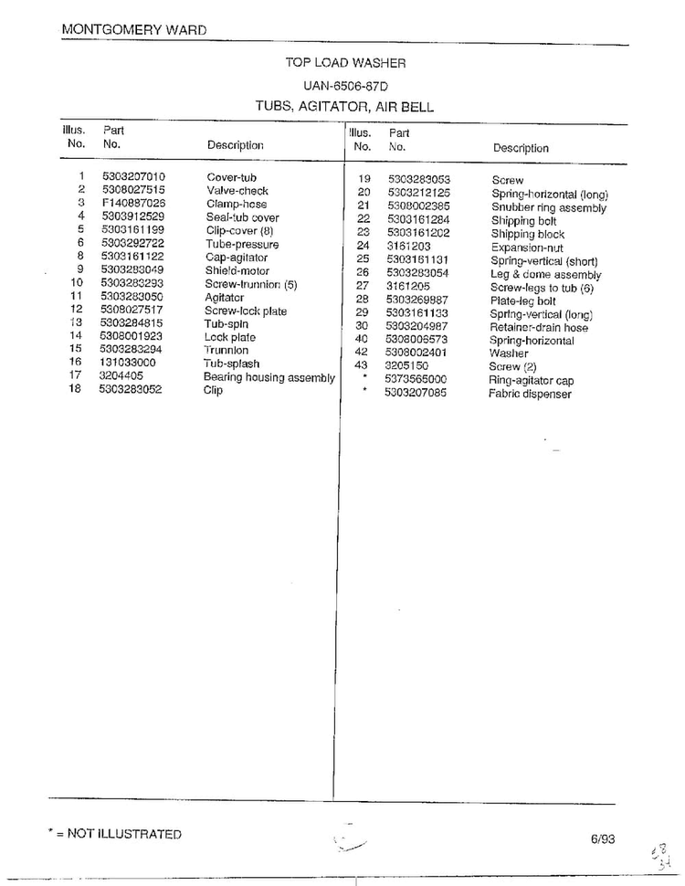 Tubs/agitator/air Bell Page 2 Diagram and Parts List for 6506-87D  Frigidaire Washer