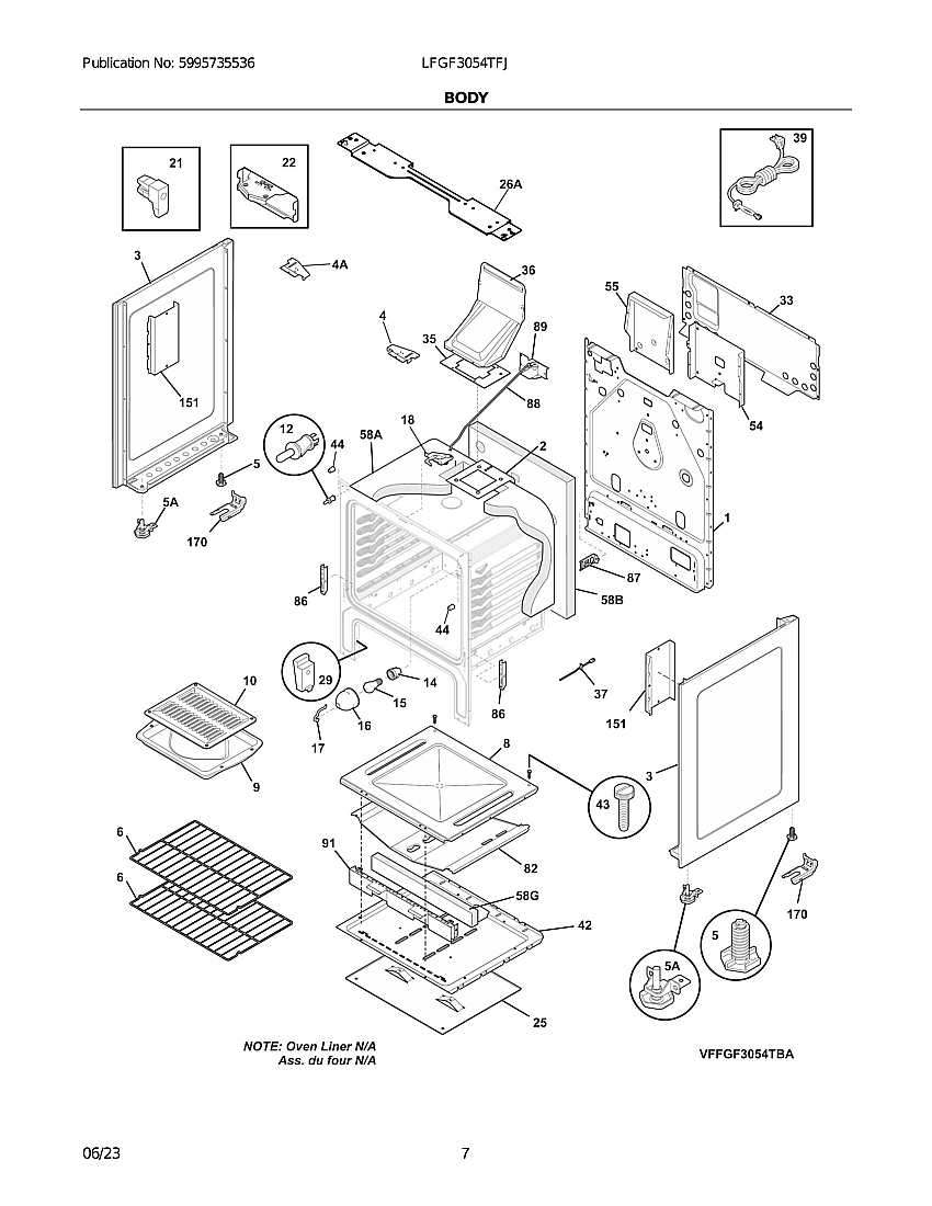 Body Diagram and Parts List for LFGF3054TFJ  Frigidaire Range