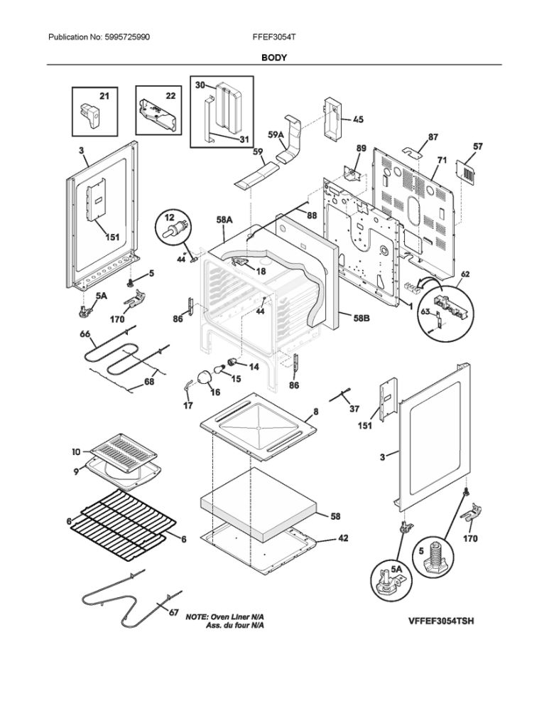 Body Diagram and Parts List for FFEF3054TBN  Frigidaire Range