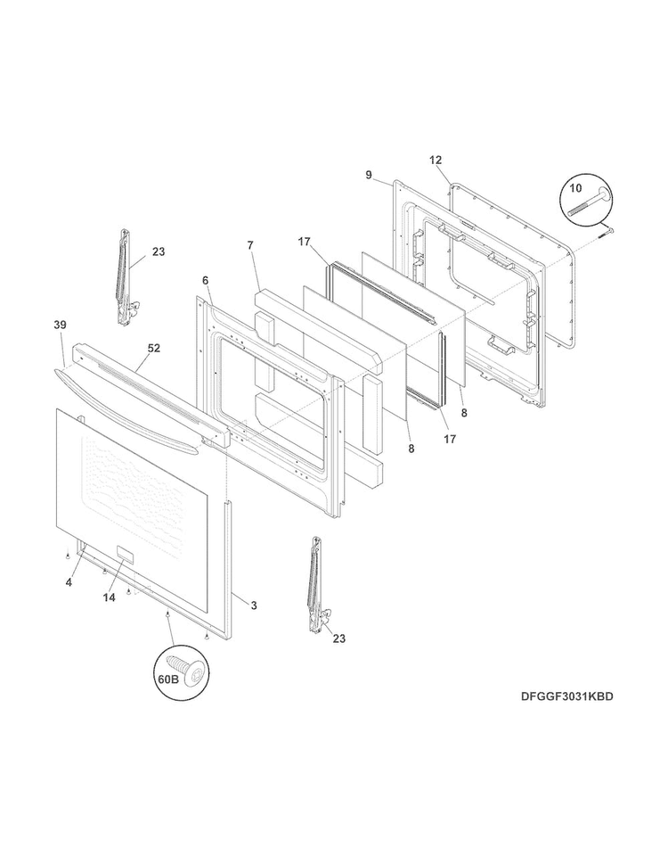 Door Diagram and Parts List for FGGF3032MBD  Frigidaire Range