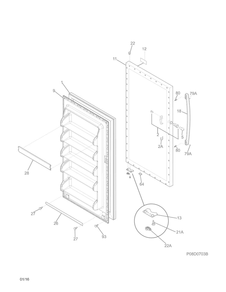 Door Diagram and Parts List for 25322042410  Kenmore Freezer