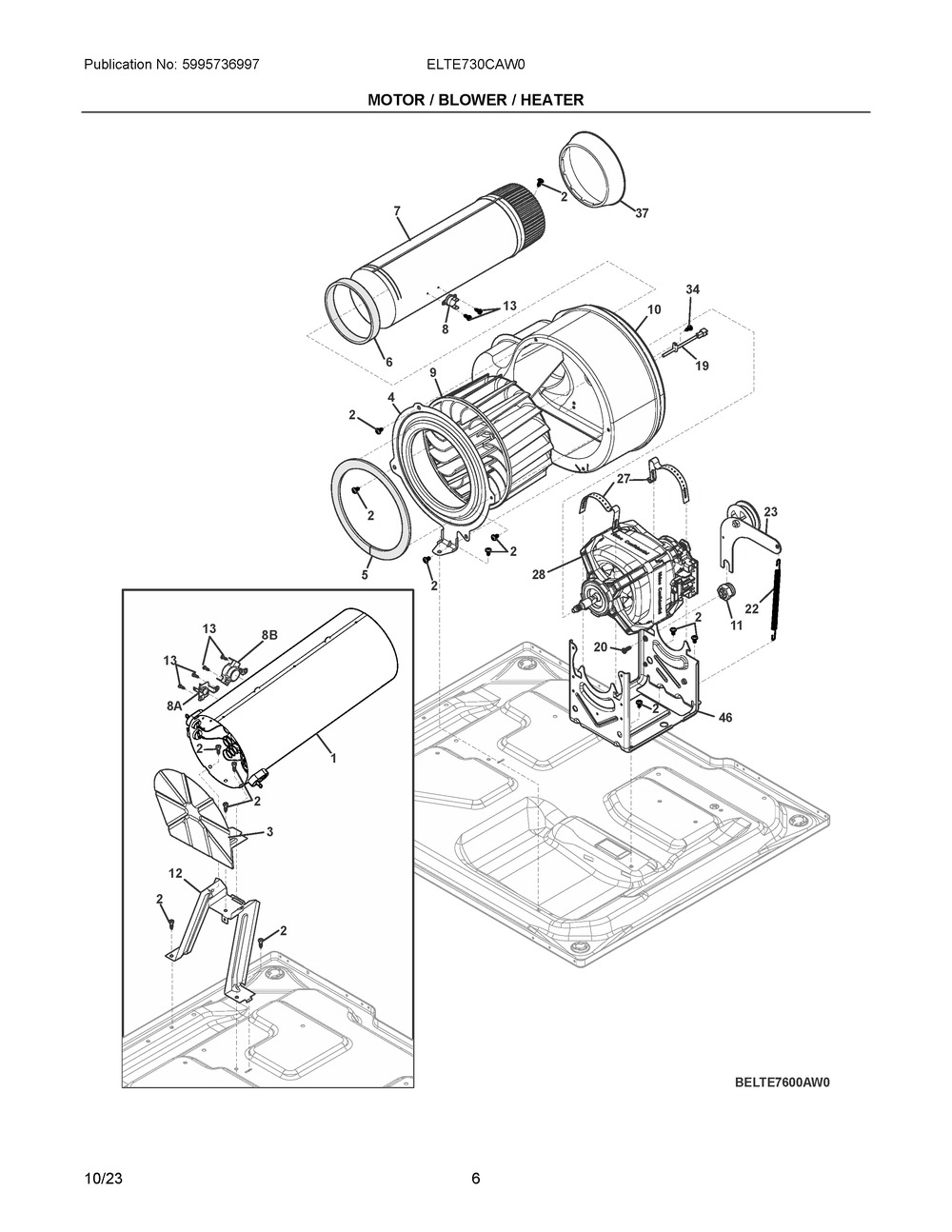 Motor / Blower / Heater Diagram and Parts List for ELTE730CAW0  Frigidaire Washer Dryer Combo