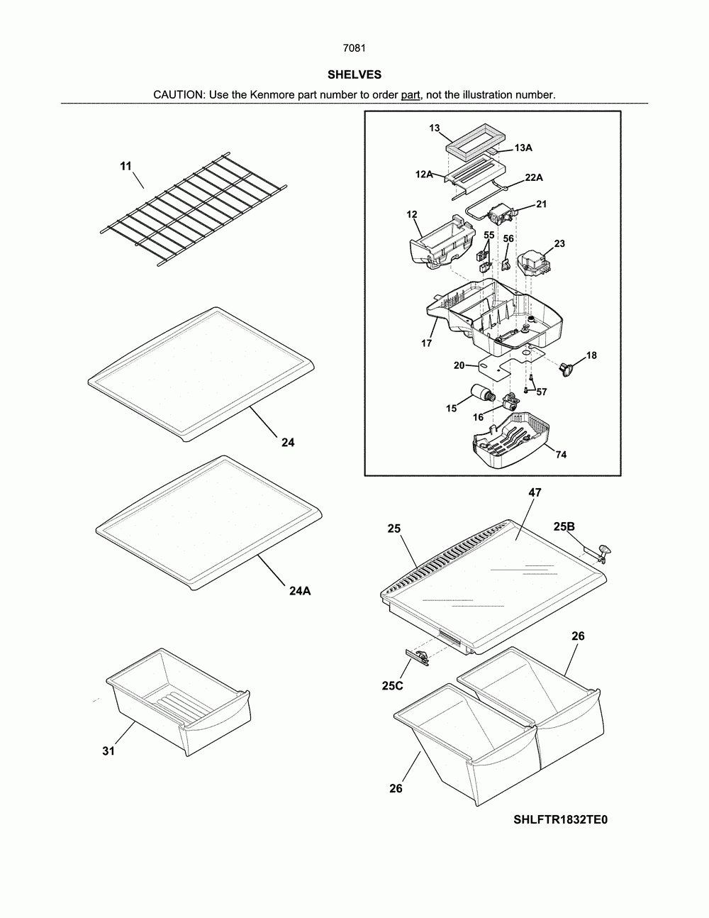 Shelves Diagram and Parts List for 25370819710  Kenmore Refrigerator