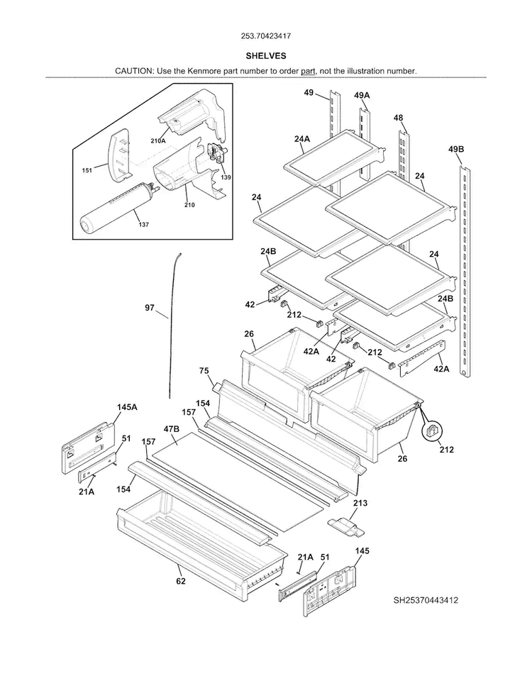 Shelves Diagram and Parts List for 25370423417  Kenmore Refrigerator